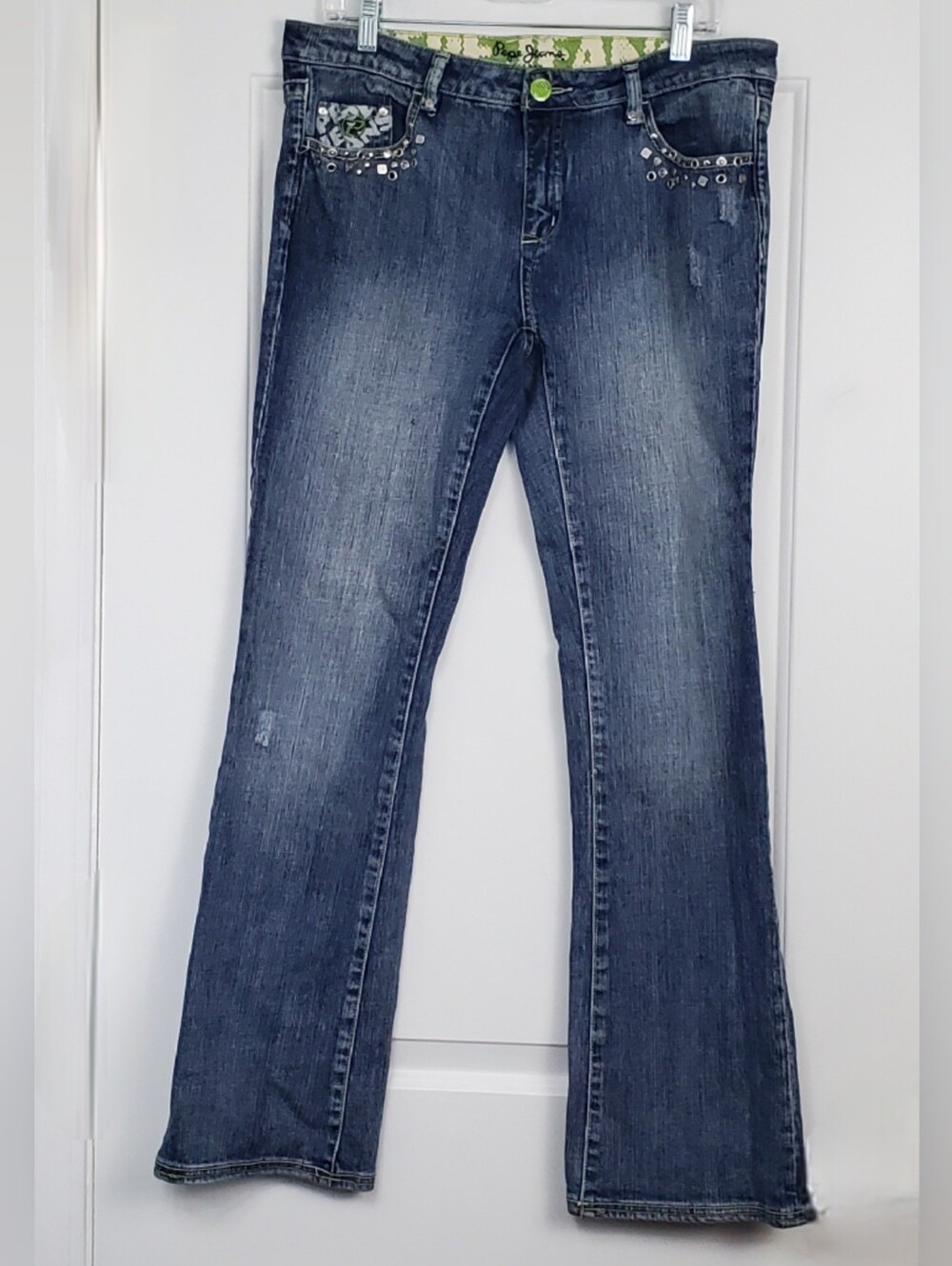 Pepe Jeans London Womens Y2K Boot Cut Embellished Denim Jeans READ - Size 34x32